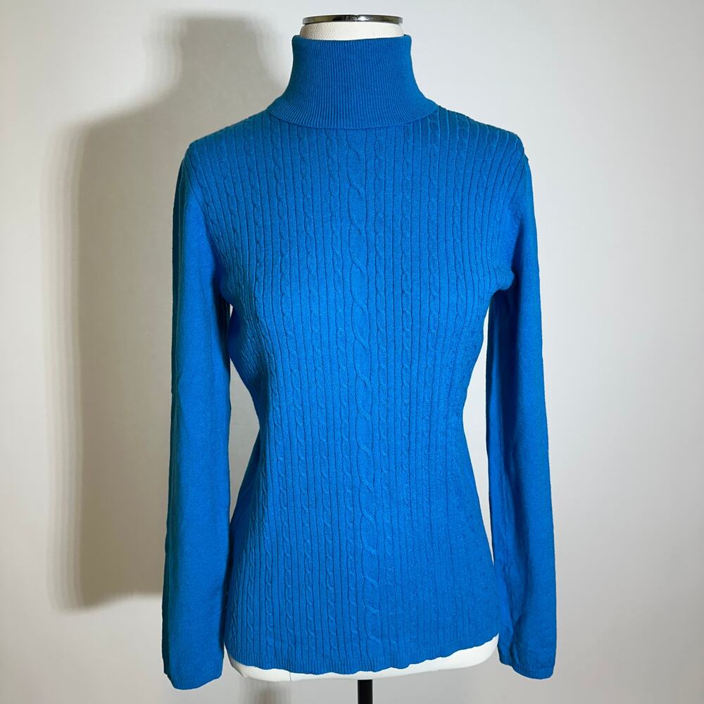Evan-Picone Blue Cable Knit Turtleneck Sweater Womens Size Medium M Pullover